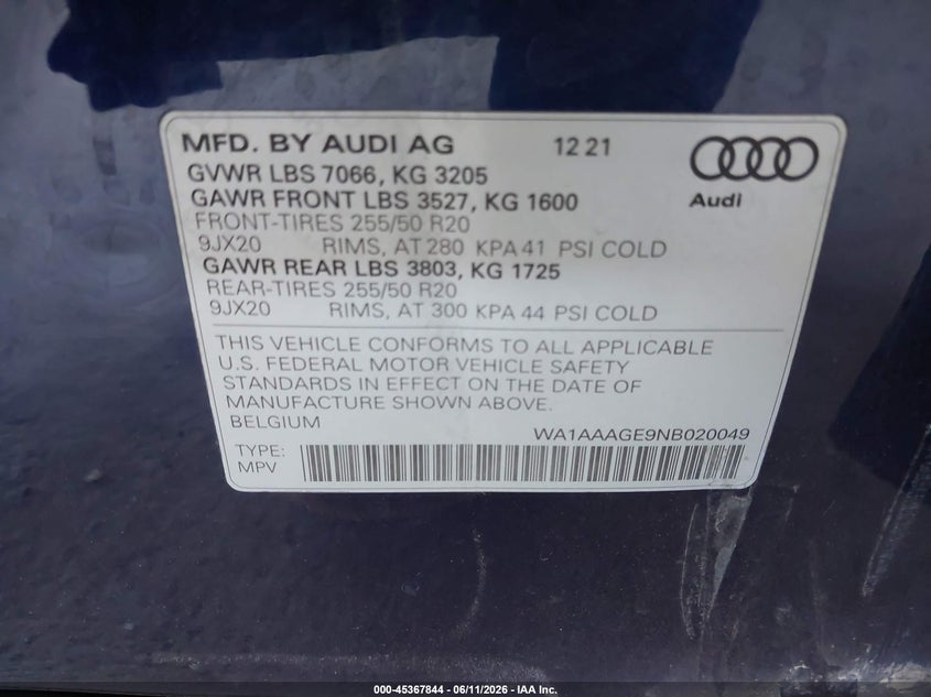 2022 Audi E-Tron Premium Quattro VIN: WA1AAAGE9NB020049 Lot: 45367844