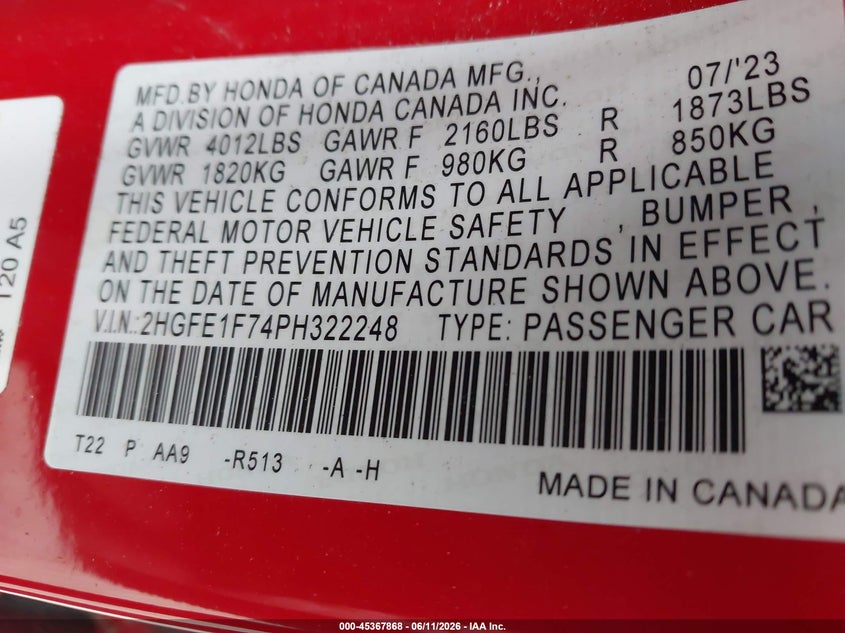 VIN 2HGFE1F74PH322248 2023 HONDA CIVIC EX/EX W/O BSI