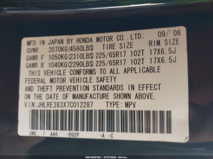 2007 HONDA CR-V SPORT UTILITY VEHICLE 2.4L I-4 DOHC, VVT, 166HP