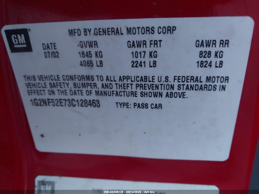 2003 Pontiac Grand Am Se1 VIN: 1G2NF52E73C128463 Lot: 45368129