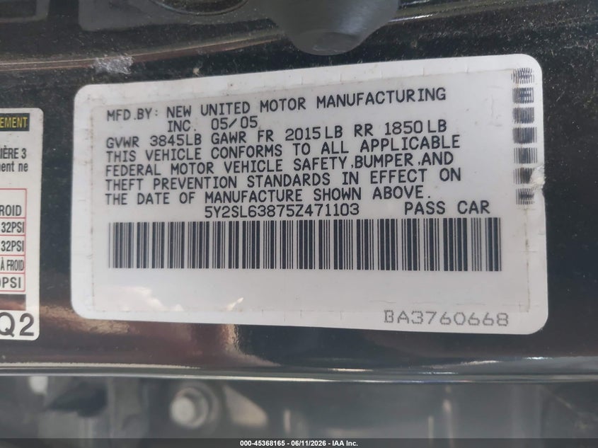 2005 Pontiac Vibe VIN: 5Y2SL63875Z471103 Lot: 45368165