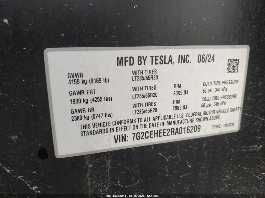 2024 TESLA CYBERTRUCK ELECTRIC(VIN: 7G2CEHEE2RA016209