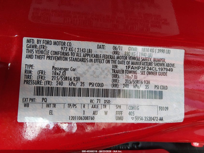 FORD FOCUS 2012 VIN 1FAHP3F24CL197949