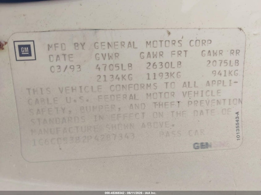 1993 Cadillac Deville VIN: 1G6CD53B2P4287343 Lot: 45368342