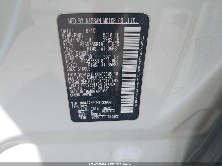 2015 Nissan Quest Platinum VIN: JN8AE2KP0F9133989 Lot: 45368420