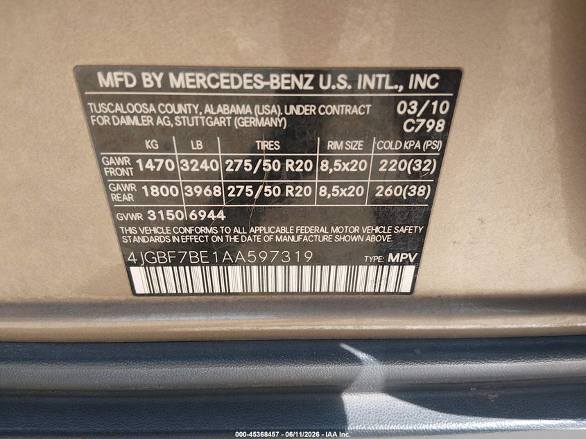 2010 Mercedes-Benz Gl 450 4Matic VIN: 4JGBF7BE1AA597319 Lot: 45368457