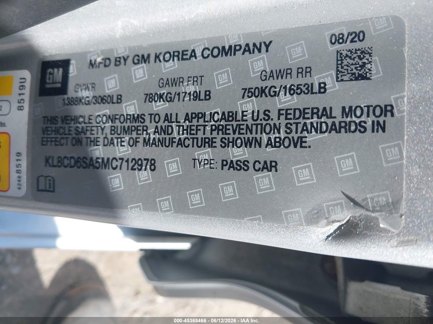 2021 Chevrolet Spark Fwd 1Lt Automatic VIN: KL8CD6SA5MC712978 Lot: 45368466