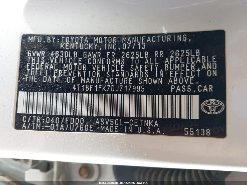 TOYOTA CAMRY 2013 VIN 4T1BF1FK7DU717995