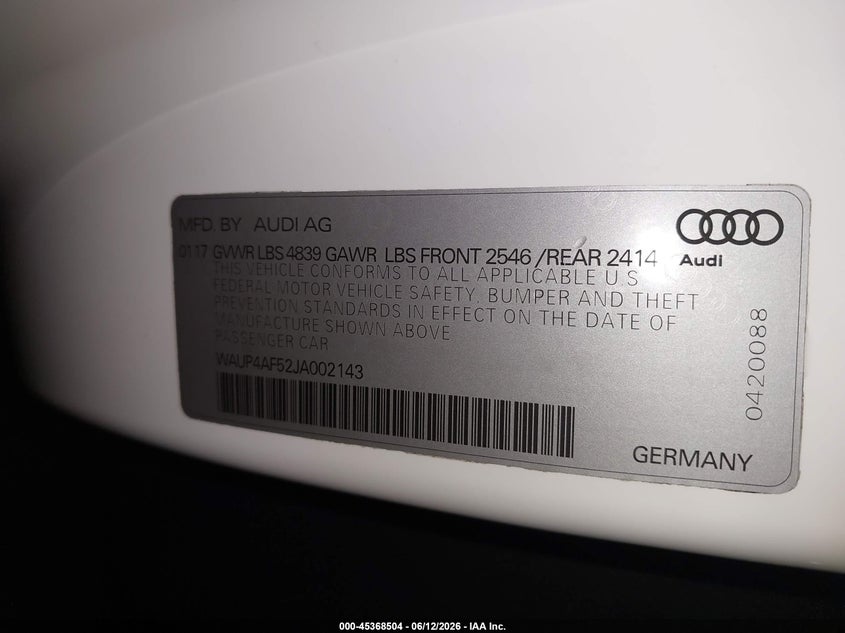 2018 Audi S5 3.0T Premium Plus VIN: WAUP4AF52JA002143 Lot: 45368504