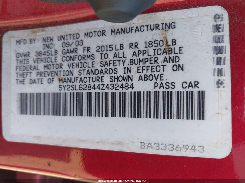 2004 Pontiac Vibe VIN: 5Y2SL62844Z432484 Lot: 45368618