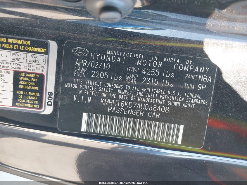 2010 Hyundai Genesis 2.0T VIN: KMHHT6KDXAU014930 Lot: 45368667
