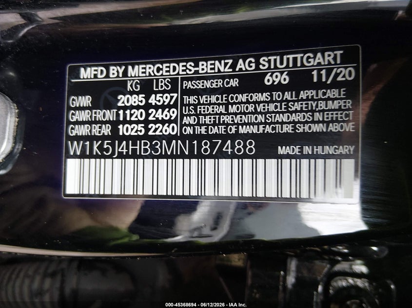 2021 Mercedes-Benz Cla 250 4Matic VIN: W1K5J4HB3MN187488 Lot: 45368694