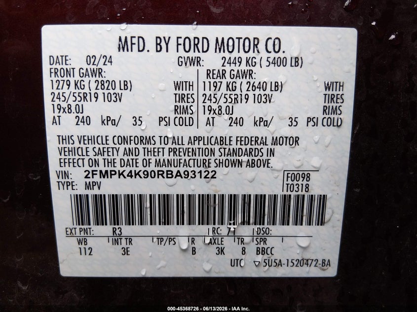 2024 FORD EDGE 2.0L I-4 DI, DOHC, V(VIN: 2FMPK4K90RBA93122