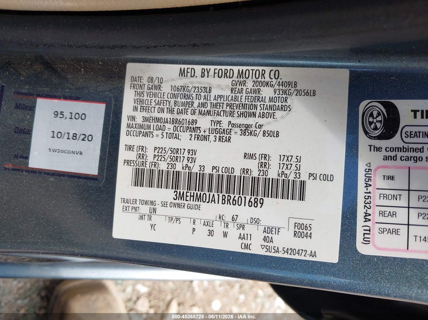 2011 Mercury Milan Premier VIN: 3MEHM0JA1BR601689 Lot: 45368728