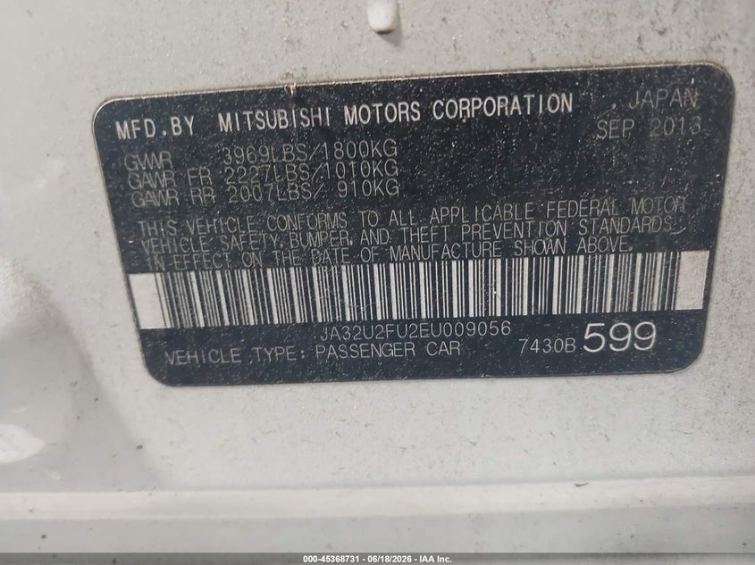 2014 Mitsubishi Lancer Es VIN: JA32U2FU2EU009056 Lot: 45368731