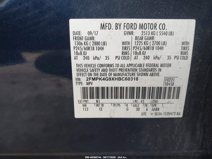 VIN 2FMPK4G9XHBC60318 2017 FORD EDGE SE