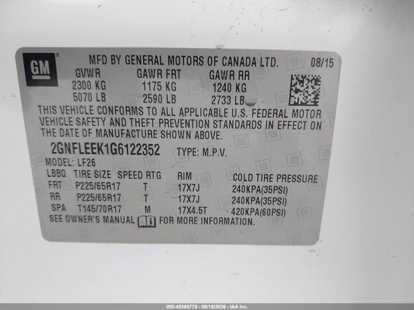 2016 CHEVROLET EQUINOX SPORT UTILITY VEHICLE 2.4L I-4 DI, DOHC, VVT, 182HP