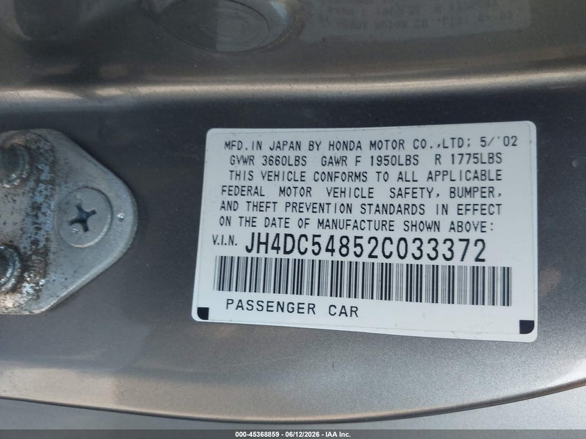 2002 Acura Rsx VIN: JH4DC54852C033372 Lot: 45368859