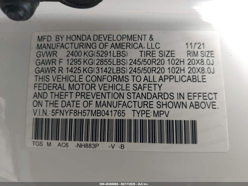 2021 Honda Passport Awd Ex-L VIN: 5FNYF8H57MB041765 Lot: 45368866