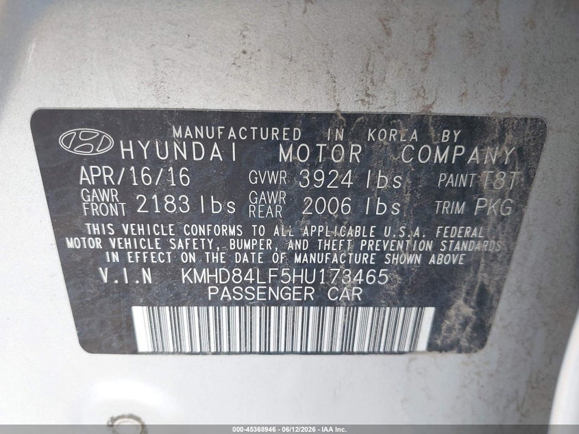 VIN KMHD84LF5HU173465 2017 HYUNDAI ELANTRA SE