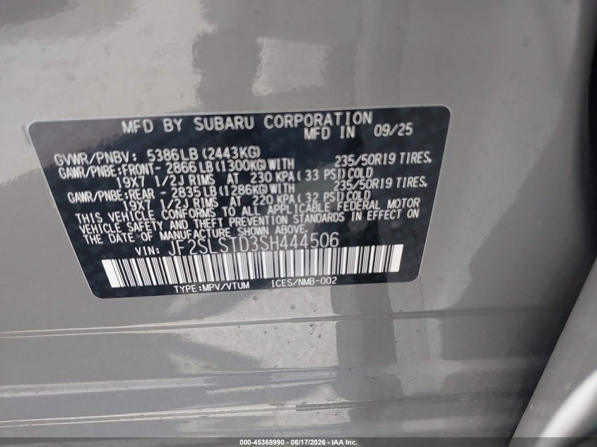 VIN: JF2SLSTD3SH444506 2025 SUBARU FORESTER TOURING HYBRID