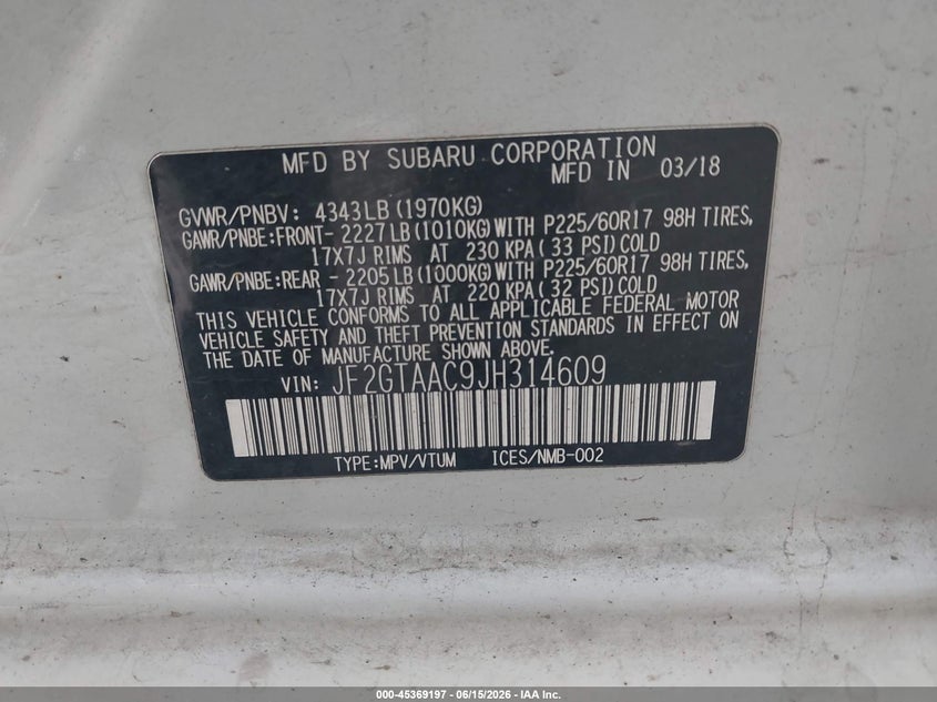 2018 SUBARU XV SPORT UTILITY VEHICLE 2.0L H-4 DI, DOHC, VVT, 152HP