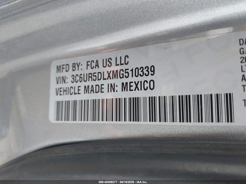 2021 Ram 2500 Big Horn 4X4 6'4 Box VIN: 3C6UR5DLXMG510339 Lot: 45369277