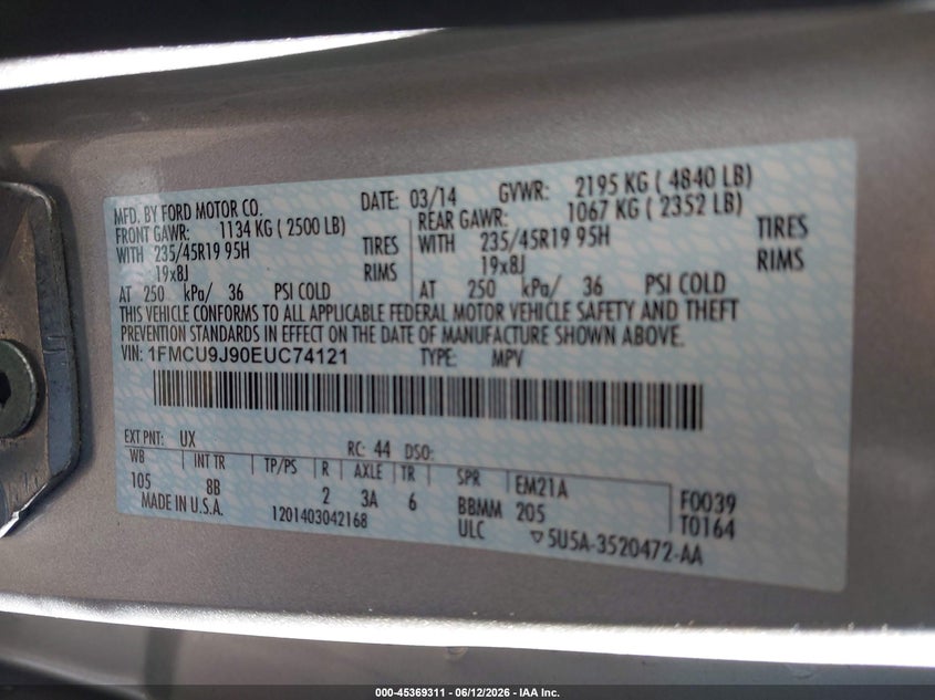 2014 Ford Escape Titanium VIN: 1FMCU9J90EUC74121 Lot: 45369311