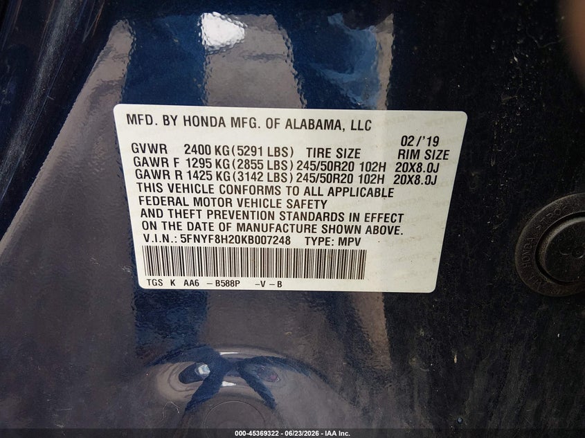 2019 Honda Passport Sport VIN: 5FNYF8H20KB007248 Lot: 45369322