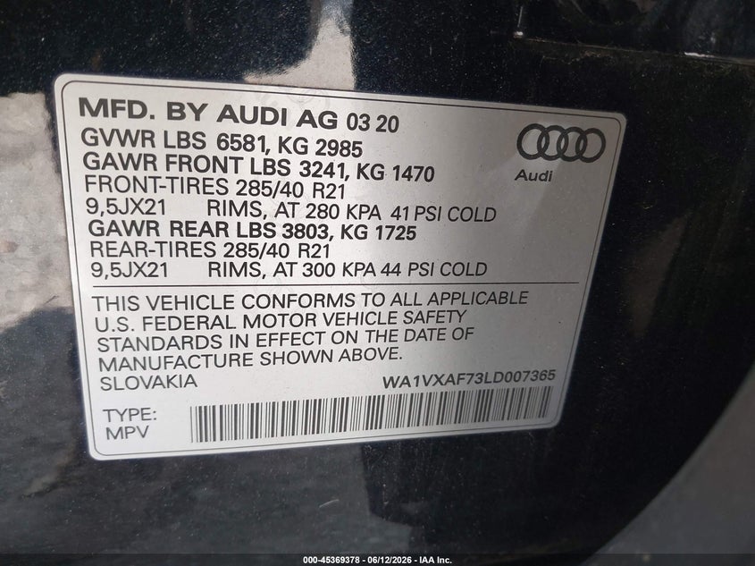 2020 Audi Q7 Prestige 55 Tfsi Quattro Tiptronic VIN: WA1VXAF73LD007365 Lot: 45369378