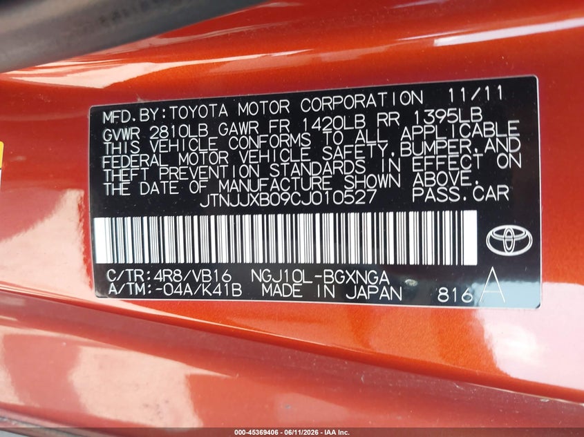 2012 Scion Iq VIN: JTNJJXB09CJ010527 Lot: 45369406