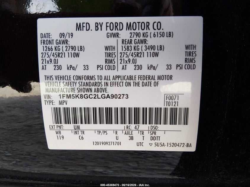 VIN 1FM5K8GC2LGA90273 2020 FORD EXPLORER ST