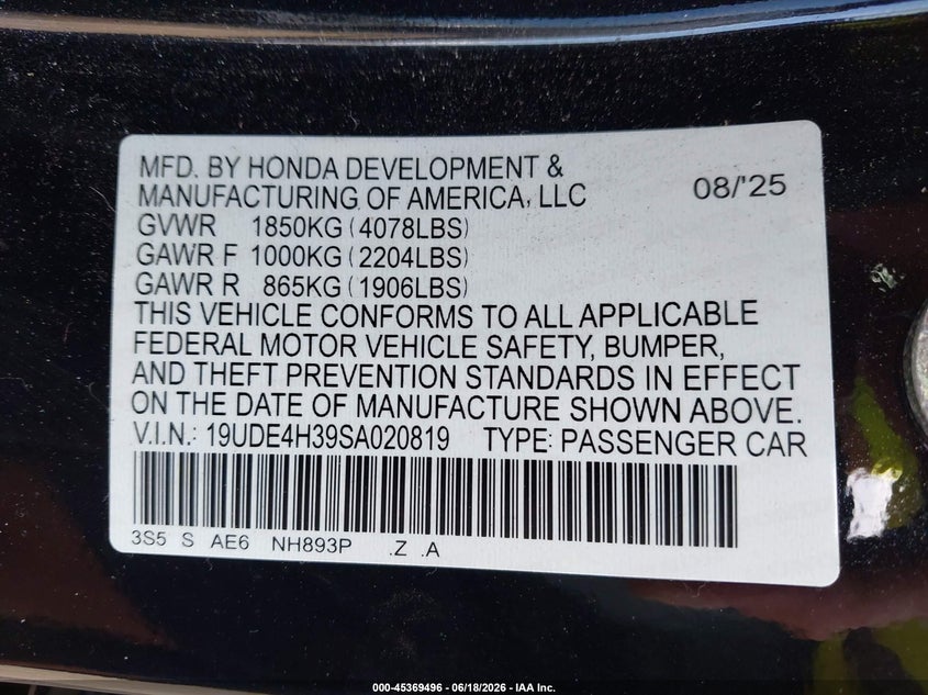 2025 Acura Integra A-Spec VIN: 19UDE4H39SA020819 Lot: 45369496