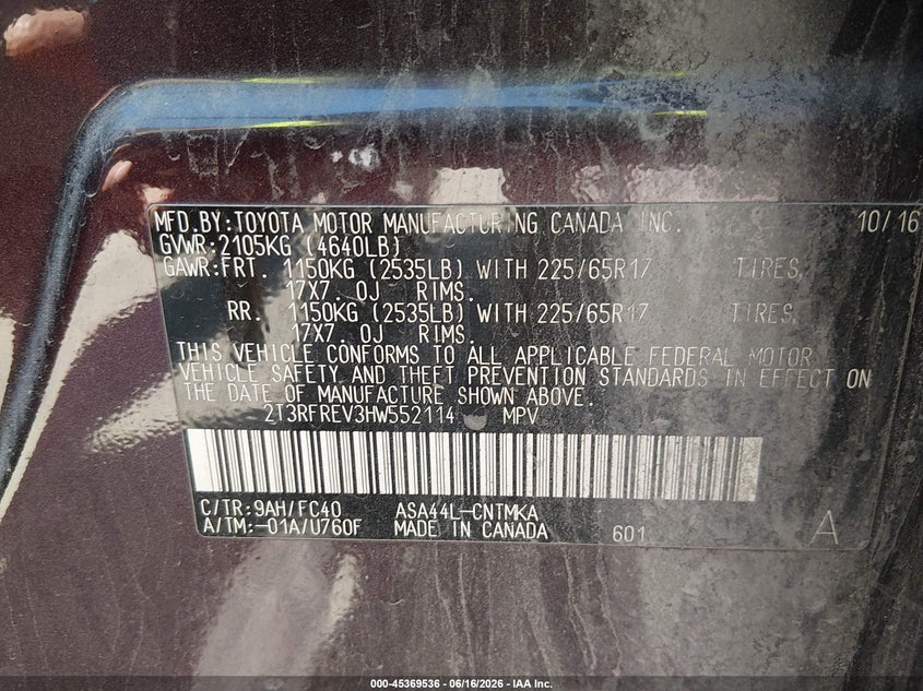 VIN 2T3RFREV3HW552114 2017 TOYOTA RAV4 XLE