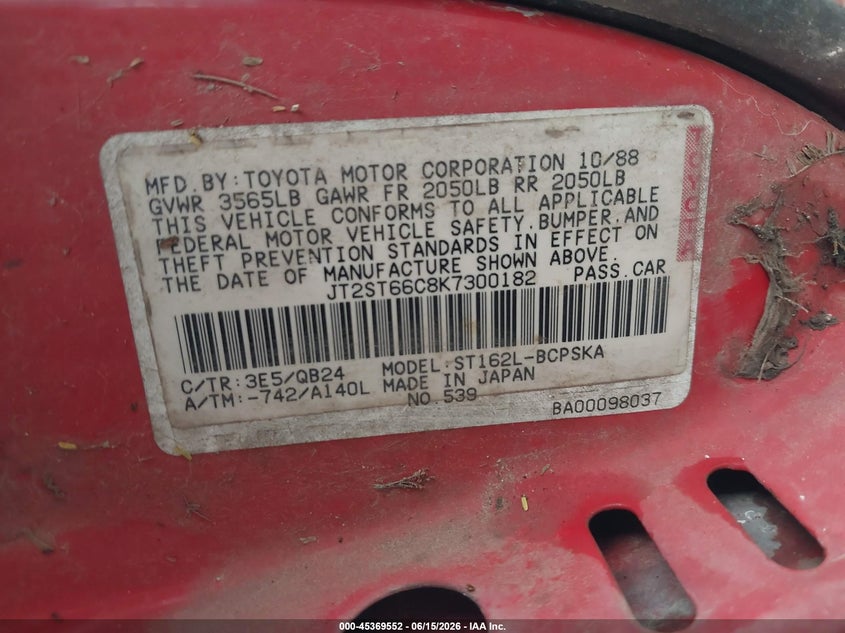 1989 Toyota Celica St VIN: JT2ST66C8K7300182 Lot: 45369552