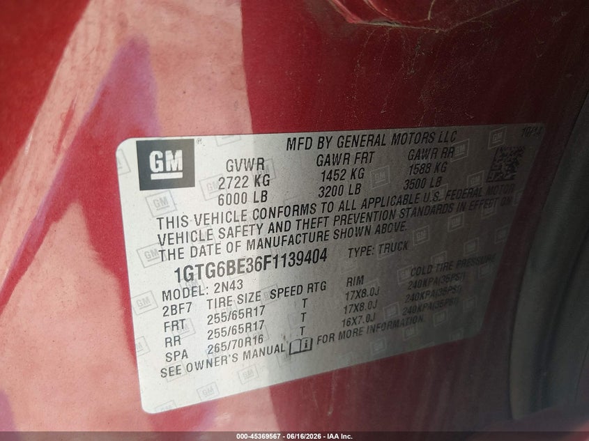 2015 GMC Canyon Sle VIN: 1GTG6BE36F1139404 Lot: 45369567