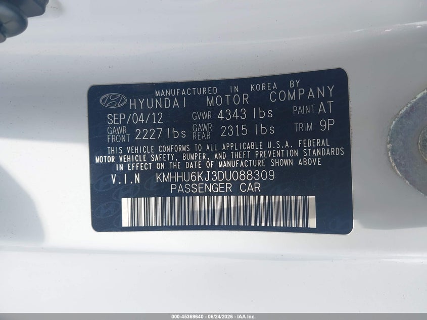 2013 Hyundai Genesis VIN: KMHHU6KJ3DU088309 Lot: 45369640