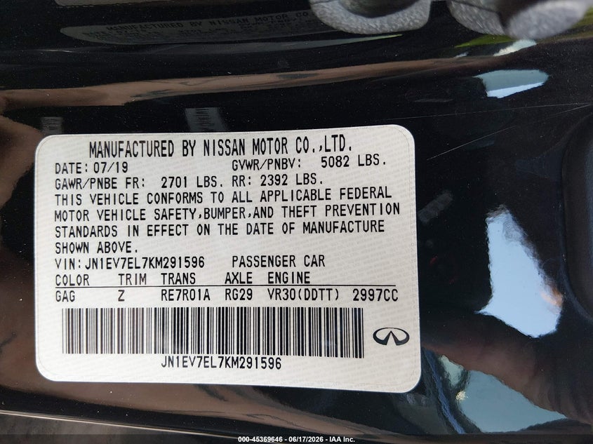 2019 Infiniti Q60 3.0T Luxe VIN: JN1EV7EL7KM291596 Lot: 45369646