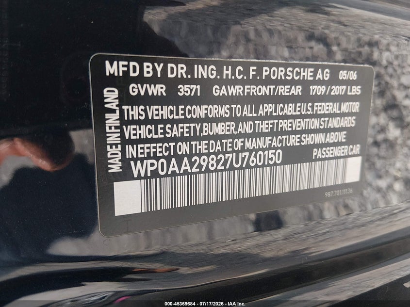 2007 Porsche Cayman VIN: WP0AA29827U760150 Lot: 45369684