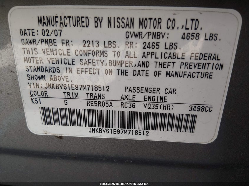 2007 Infiniti G35 Journey VIN: JNKBV61E97M718512 Lot: 45369718