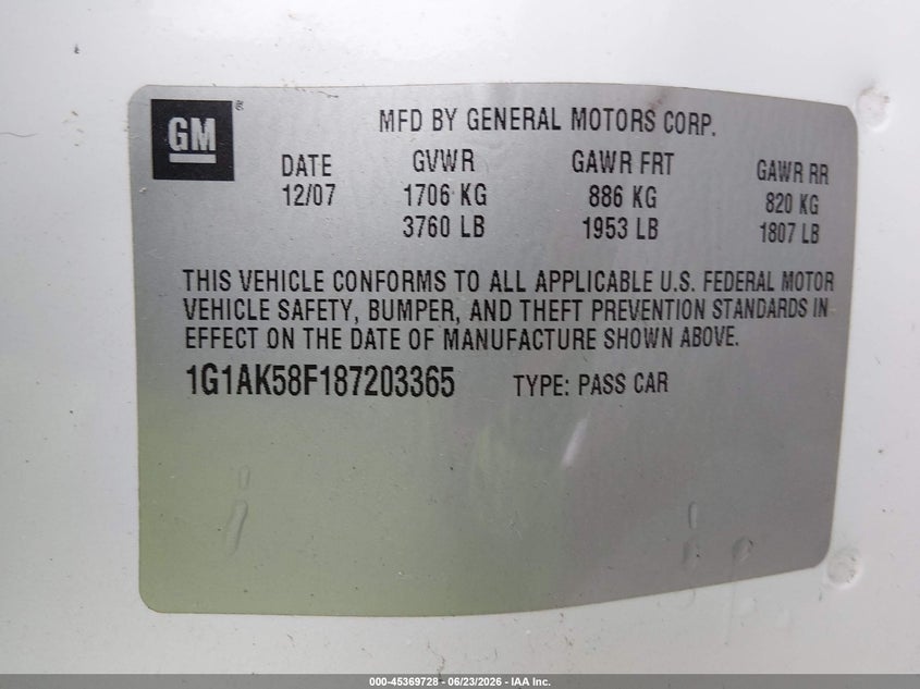 2008 Chevrolet Cobalt Ls VIN: 1G1AK58F187203365 Lot: 45369728