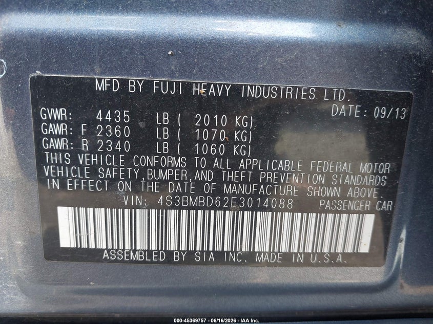2014 Subaru Legacy 2.5I Premium VIN: 4S3BMBD62E3014088 Lot: 45369757