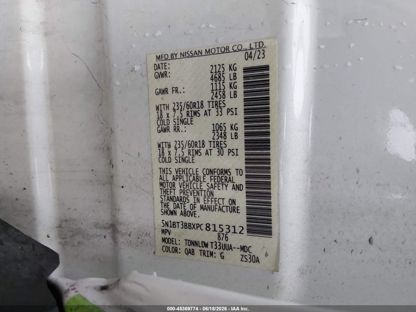 NISSAN ROGUE 2023 VIN 5N1BT3BBXPC815312