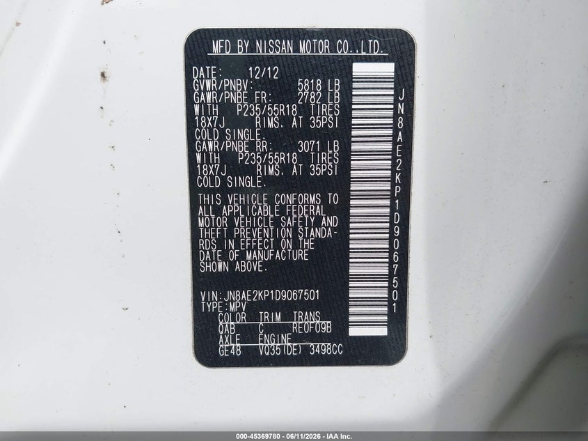 2013 Nissan Quest Sl VIN: JN8AE2KP1D9067501 Lot: 45369780