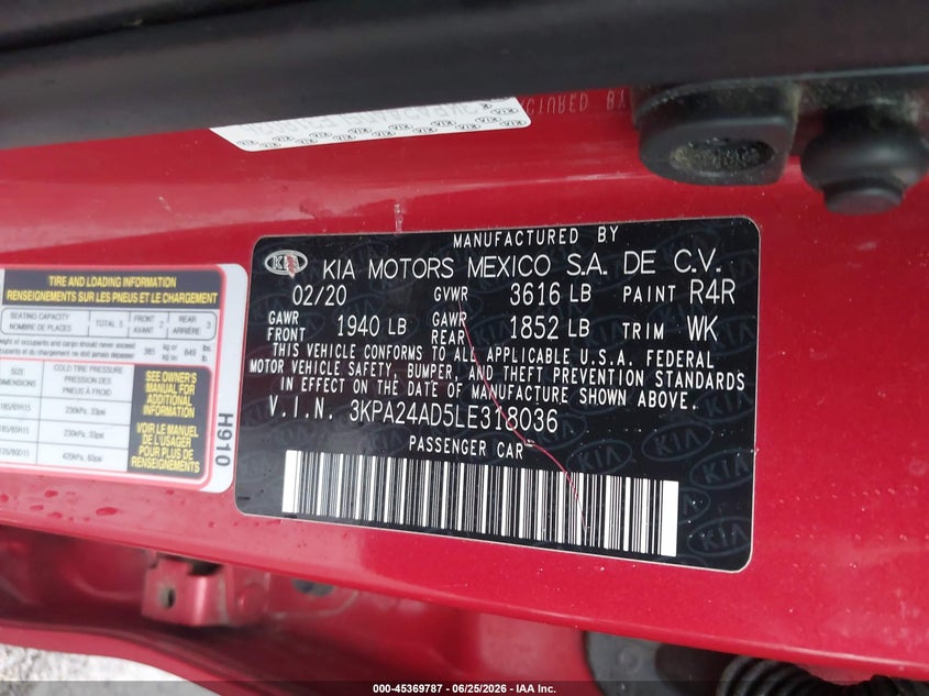 KIA RIO 2020 VIN 3KPA24AD5LE318036