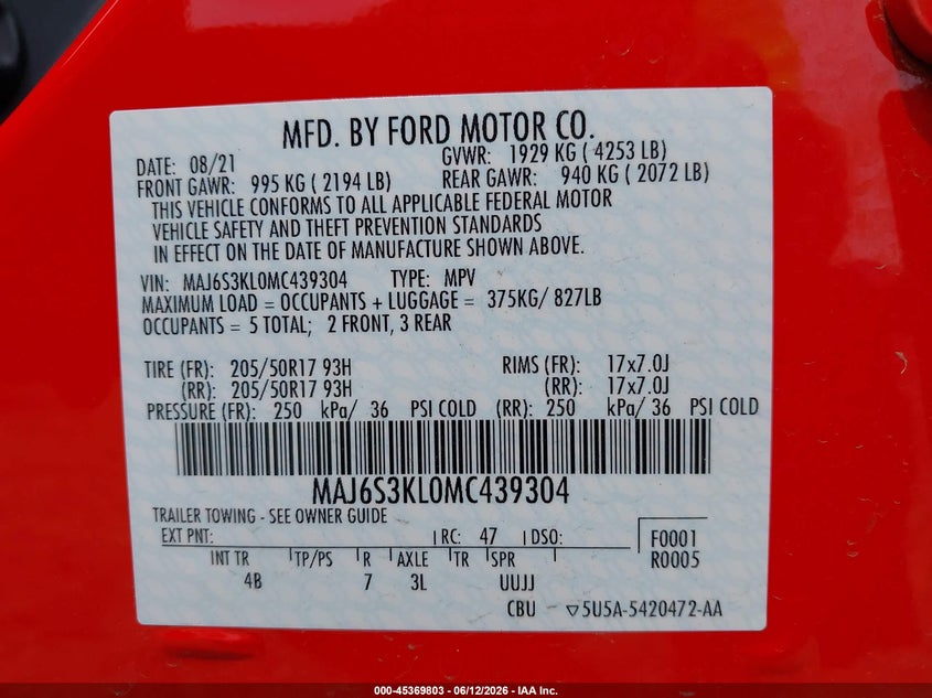 2021 Ford Ecosport Titanium VIN: MAJ6S3KL0MC439304 Lot: 45369803