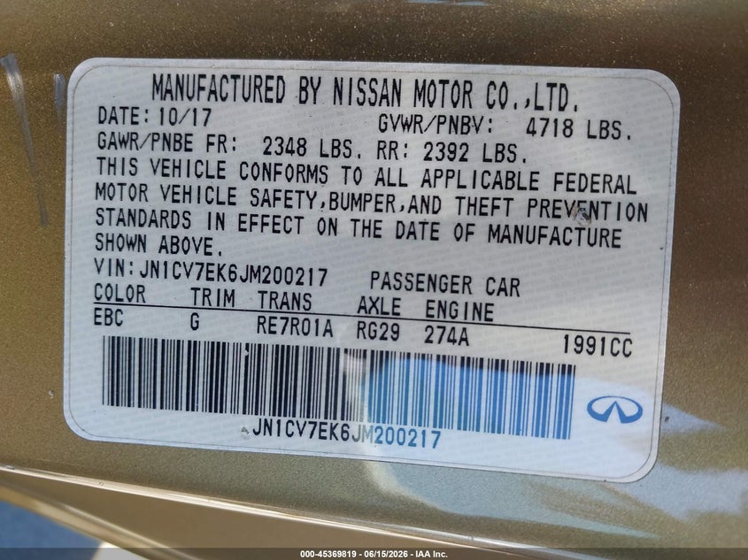 2018 Infiniti Q60 2.0T Pure VIN: JN1CV7EK6JM200217 Lot: 45369819