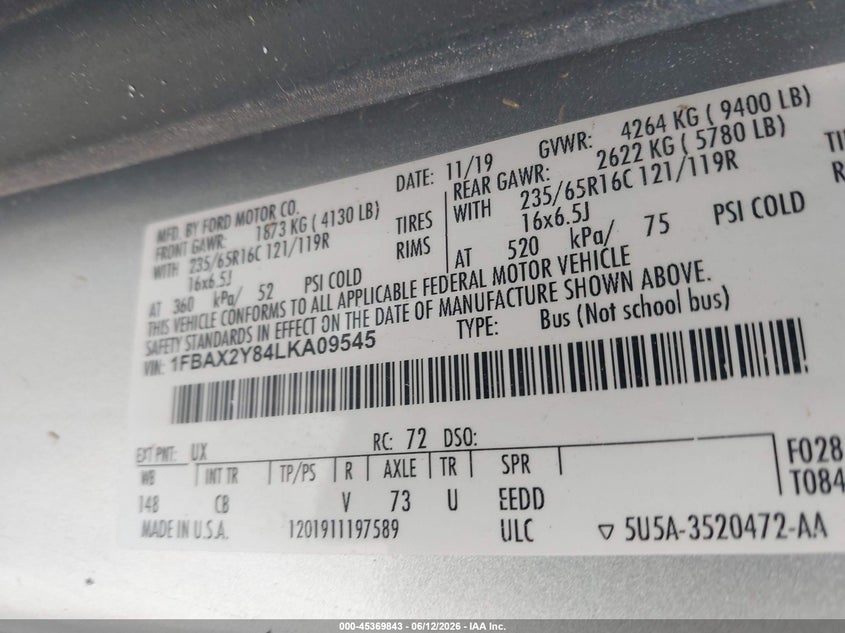 VIN 1FBAX2Y84LKA09545 2020 FORD TRANSIT-350 PASSENGER VAN XLT