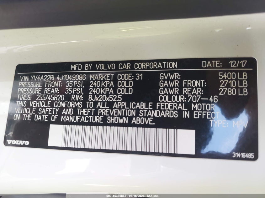 2018 Volvo Xc60 T6 Inscription VIN: YV4A22RL4J1049086 Lot: 45369863