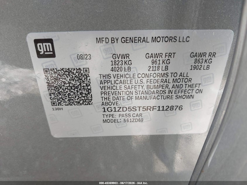 2024 Chevrolet Malibu Fwd 1Lt VIN: 1G1ZD5ST5RF112876 Lot: 45369903